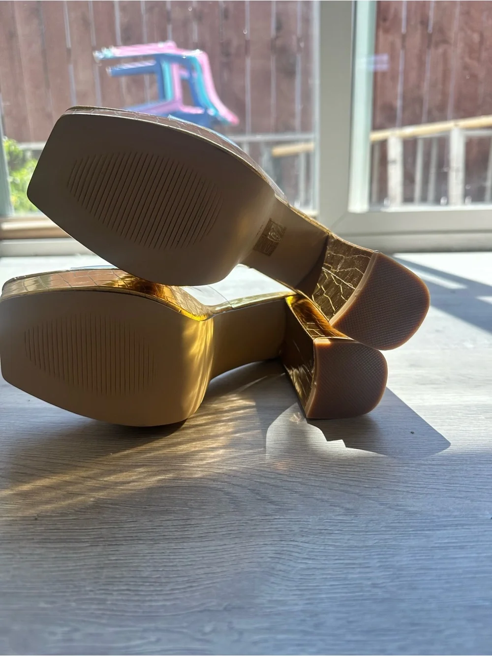 Gold Croc-Embossed Platform Slide Heels with Clear Strap